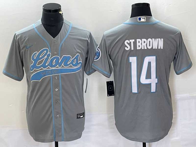Men's Detroit Lions #14 Amon Ra St Brown Grey With Patch Cool Base Stitched Baseball Jersey